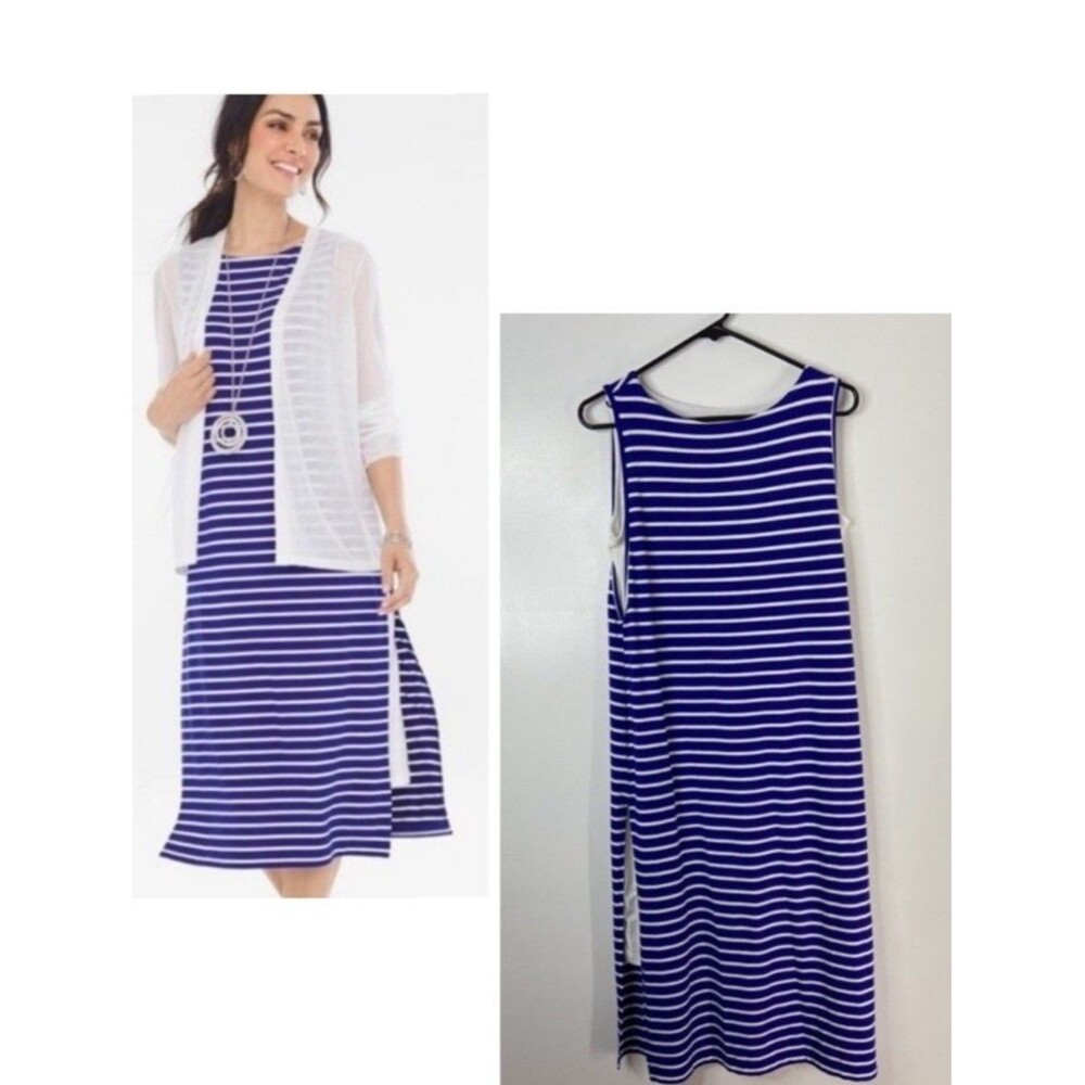 Chico's Blue/White Striped Boat Neck Shift Midi Dress Sleeveless Women's 2